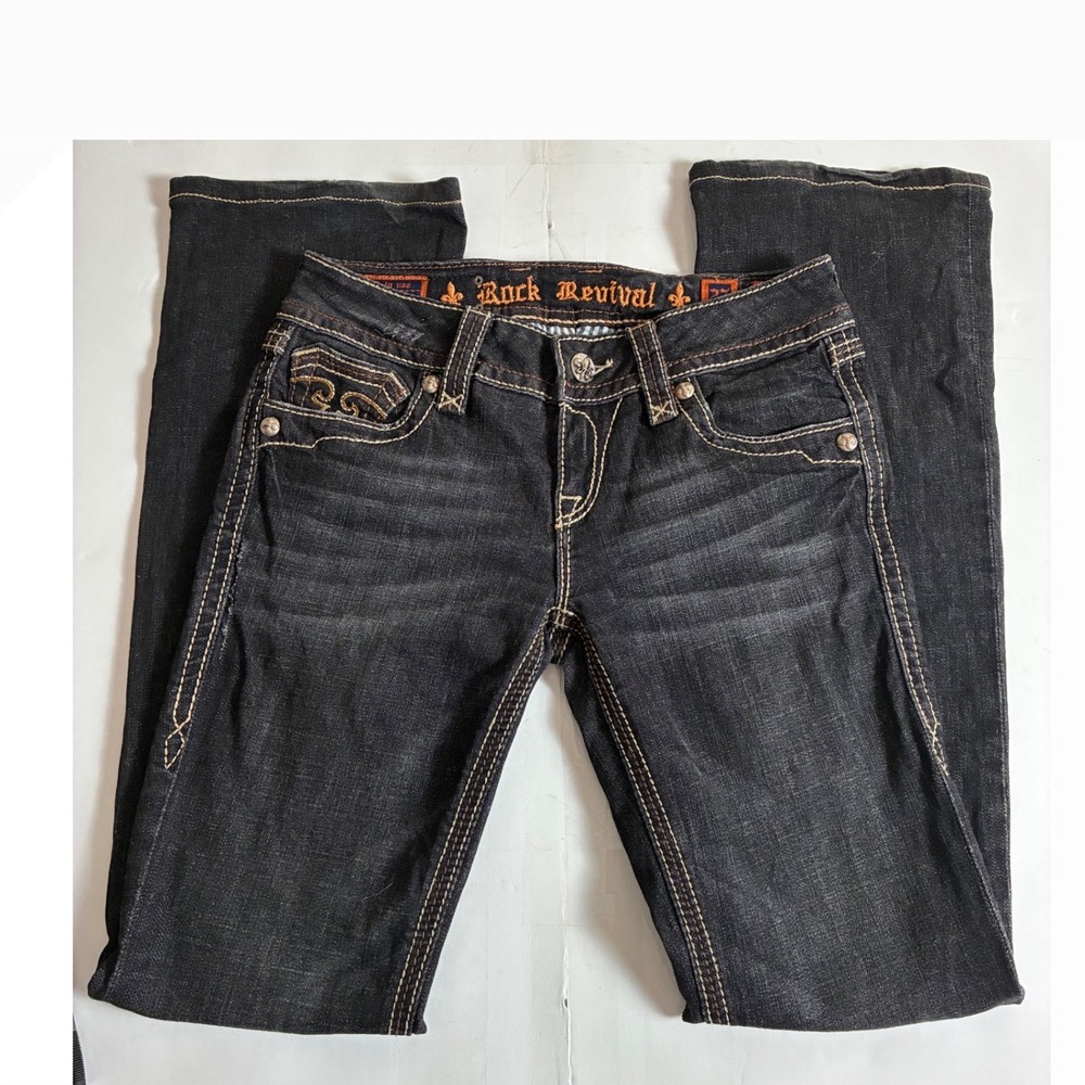 Rock Revival Debbie Bootcut Jeans Womens 27 Dark Wash Fleur De Lis Stretch